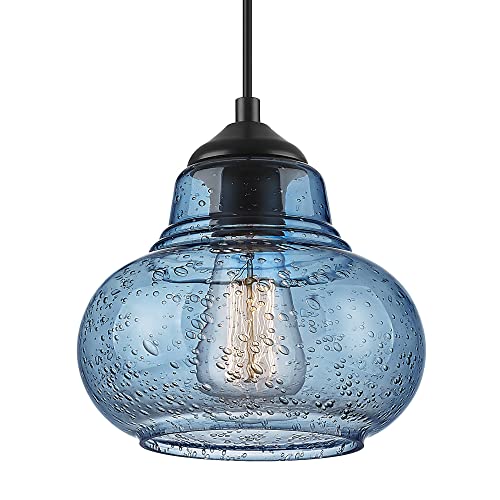 ELYONA 8 Inch Pendant Light for Kitchen Island Modern Blue Hand Blown Bubble Glass Pendant Lighting Hanging Light fixtures for Dining Room Bar Bedroom Living Room - color: Blue