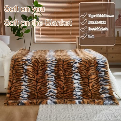 Luxury Fluffy Faux Fur Throw Blanket,Thick Fluffy Silky Fuzzy Cozy Blanket,Plush Blankets for Couch, Sofa, Chair, Bed-Tiger Print Brown-50 * 60inch - color: Tiger Print Brown, size: Throw (50" x 60")