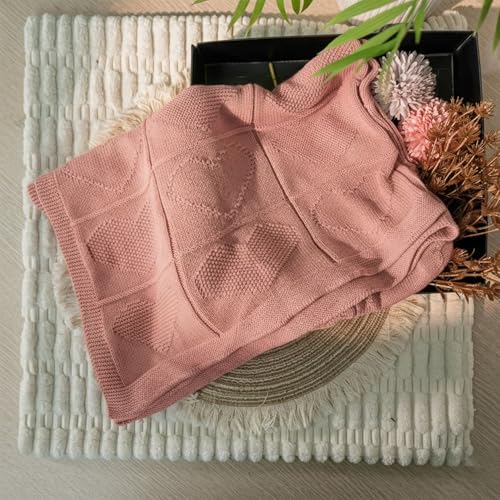 Baby Knit Cotton Blanket Rose Pink Heart Pattern Soft Breathable Throw for Crib Or Stroller Nursery Gift Baby Shower Birthday Christmas Size 30x30 - color: Rose Pink, size: 30"x30"