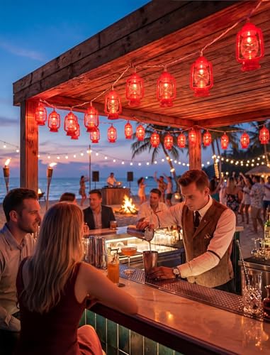 LED Kerosene String Lights, 8.5Ft Outdoor Lantern String Lights with 10 Red Oil Lights, Connectable Vintage Fairy Decorative for Christmas Lights Patio Bedroom Camping Wedding Garden Holiday - color: Red Oil Lights
