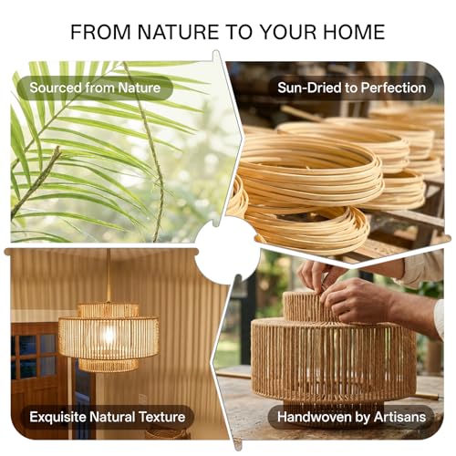 Boho Rattan Pendant Light, 12.6" Hand-Woven Wicker 1-Light Chandelier with Gold Metal Finish, Adjustable Hanging Ceiling Lamp for Kitchen Island, Dining Room, Bedroom, Coastal Farmhouse