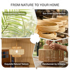 Boho Rattan Pendant Light, 12.6" Hand-Woven Wicker 1-Light Chandelier with Gold Metal Finish, Adjustable Hanging Ceiling Lamp for Kitchen Island, Dining Room, Bedroom, Coastal Farmhouse