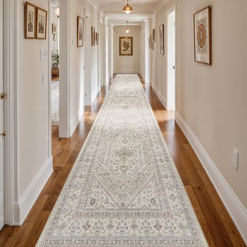 3x20 Runner Rug for Hallway Washable: Non Slip Kitchen Rugs with Rubber Backing Soft Waterproof Mats Stain Resistant Indoor Vintage Carpet Runner for Bedroom Bathroom Laundry Entryway Beige/Gray - color: Beige/Gray, size: 3' x 20' (Rectangular)