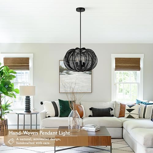 17.7 Inch Rattan Pendant Light Black Hemp Rope Rattan Light Fixture Woven Pendant Wicker Chandelier 3-Light Boho Chandelier for Foyer - color: 17.7" Black