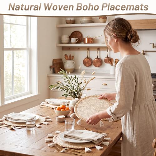 12 Pcs Round Boho Placemats 12 Inch Woven Wicker Placemat Boho Wall Basket Decor Macrame Table Mats Farmhouse Style Wall Hanging Decor for Dining Table Settings Kitchen Wedding Summer Decors
