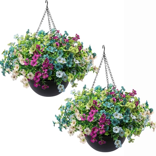 2 Sets Artificial Hanging Plants Flowers with Basket for Outdoors | 30 Bundles UV Resistant Fake Plants Spring Summer Decoration Faux Garden Patio Yard Front Porch Balcony Arrangement