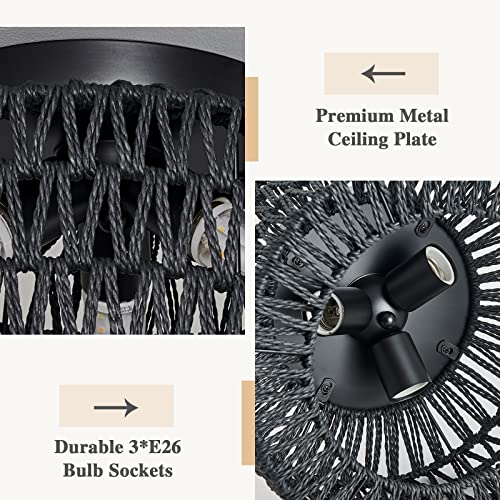 Rattan Light Fixtures Ceiling Mount, 3-Lights Boho Flush Mount Ceiling Light, Hand-Woven Cage Shade Lamp Lighting, Rustic Rattan Chandelier for Hallway Bedroom Kitchen Farmhouse Foyer Entryway (Black) - color: Black, size: Small