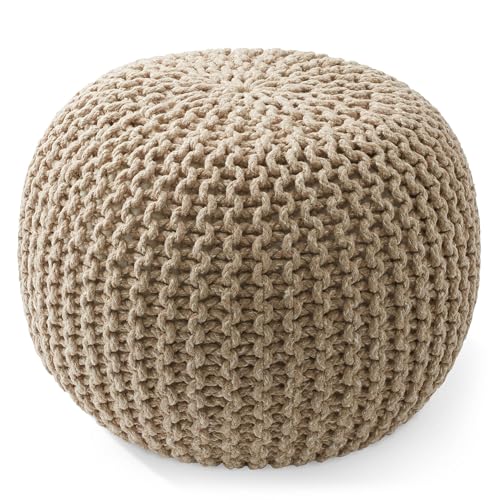 Casafield Round Pouf Ottoman, Beige Ivory - 20" Diameter x 14.5" High Cotton Knit Foot Stool - Boho Floor Pouffe for Living Room, Bedroom, Home Office - color: Beige Ivory, size: 20"D x 20"W x 14.5"H