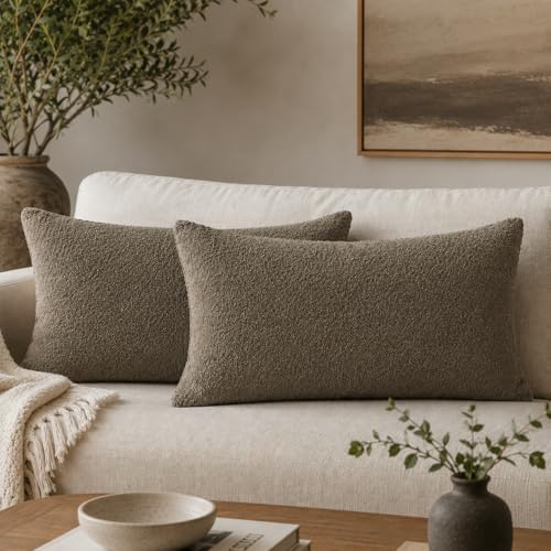 JoraLion 12x20 inch Boucle Throw Pillow Covers, Brown Woven Texture Neutral Pillow Cover Breathable Cushion Case for Couch Sofa Bed Living Room Home Decor, Pack of 2, No Insert - color: Brown, size: 20" x 12" (Pack of 2)
