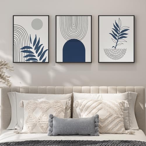 Framed Blue Boho Wall Art for Room Decor, 3 Piece Botanical Line Artwork for Walls, Mid Century Modern Blue Canvas Pictures Prints for Living Room Bedroom Hallway Office Apartment Wall Decor, 12x16 In - color: Black and Blue