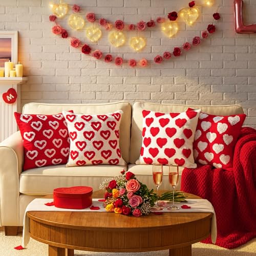 Fourluoo 4 Pcs Valentine's Day Throw Pillow Covers 18x18 Inch Soft Heart Decorative Pillowcase Plush White Red Soft Plush Pillow Covers Cushion Case Decorations for Sofa Living Room Valentine Gift - style: Heart
