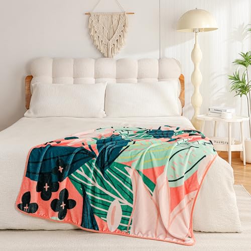 Tyrot Boho Floral Flannel Fleece Throw Blanket – Soft, Warm & Lightweight Fuzzy Blanket for Couch, Bed, or Sofa Decor, Cute Botanical Design for Women & Girls, 50''x60'', Coral - color: Coral Breeze, size: Throw(50''x60'')