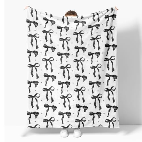 Black Bow Blankets for Women Girls Cute Bow Halloween Throw Blanket Coquette Aesthetic Room Decor Large Trendy Preppy Blanket Couch Sofa Soft Warm Bed Blankets for Women Girls Gifts 70"x80" - color: Black and White Bow Blankets, size: 70"W X80"L(178X203CM