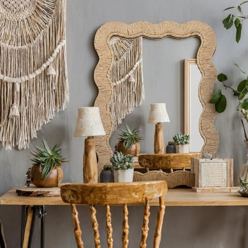 Junkin Boho Coastal Mirror Natural Wicker Scalloped Rattan Mirror with Decorative Rattan Frame Boho Coastal Decor for Bathroom Living Room, Entryway Decor(Rectangle,10.4 x 15.8 in) - size: 15.8"L x 10.4"W, style: Rectangle