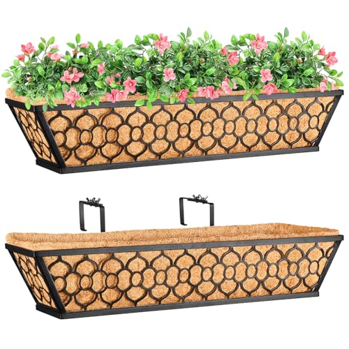 Riare 2 Pack 23 Inch Window Boxes Planters with Coco Liner, Metal Deck Railing Planter Boxes, Balcony Planters Railing Hanging, Horse Trough Window Flower Planter Boxes for Outdoor Porch Fence Patio - size: 23Inch