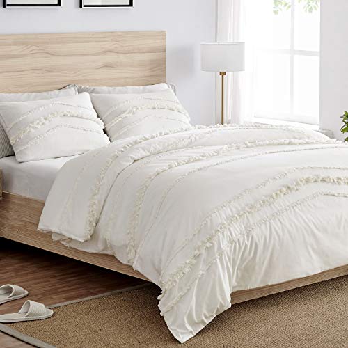Bohemian Boho Chic Ivory Macrame Tufted Tassel 3 pc. Full / Queen Size Bed Bedding Set Duvet Comforter Cover Sham Solid Cream Textured Minimalist Off White Cotton Fringe Farmhouse Indie Neutral Rustic - color: Ivory, size: Queen
