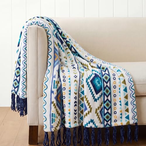 CASAAGUSTO Boho Throw Blanket with Tassel, Farmhouse Western Flannel Bohemian Blanket, Vintage Native Mexican Decorative Throw, Ideal for Gifting (50x60 Inches, Blue and White) - color: Blue and White, size: 50X60