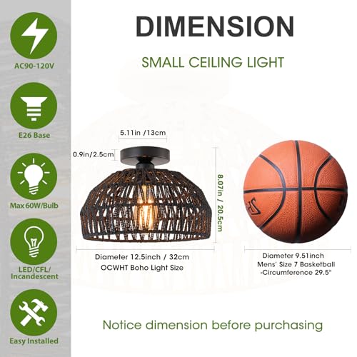 2 Packs Black Boho Light,Rattan Ceiling Lighting Fixtures Small Boho Lamp Shade Flush Mount Ceiling Light Hand Woven Chandelier for Entryway Bedroom Kitchen Nursery Lights - color: Black-Ceiling light (2 sets)