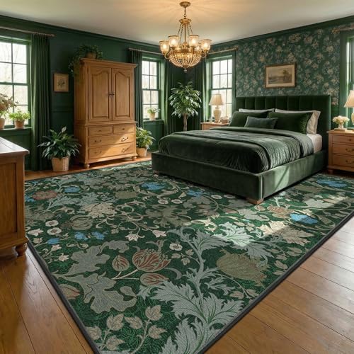 Forest Green Washable Floral Area Rug 10x14 for Living Room, Vintage Farmhouse Botanical Rug, Non Slip Low Pile Floor Decor Oversized Rug, Soft Extra Large Decorative Carpet for Bedroom Dining Room - color: Green, size: 10'x14'