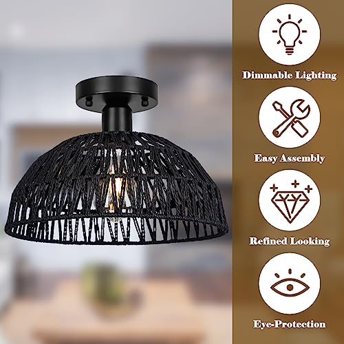 Rattan Ceiling Light Fixtures 2 Packs-Black Rustic Woven Basket Flush Mount Ceiling Light, Handmade Wicker Ceiling Lamp, Rattan Chandelier For Kitchen Island, Hallway, Living Room, Bedroom, E26 Base - color: Black