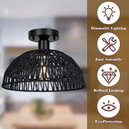 Rattan Ceiling Light Fixtures 2 Packs-Black Rustic Woven Basket Flush Mount Ceiling Light, Handmade Wicker Ceiling Lamp, Rattan Chandelier For Kitchen Island, Hallway, Living Room, Bedroom, E26 Base - color: Black