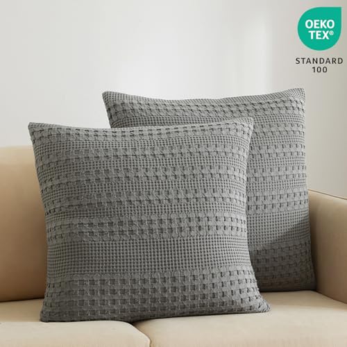 PHF 100% Cotton Waffle Weave Pillow Covers 24" x 24", 2 Pack Luxury Square Shell for Elegant Home Decor, No Filling, Luxury Aesthetic Soft Pillow Covers for Bed, Dark Grey - color: Dark Grey, size: 24" x 24" (Pack of 2)