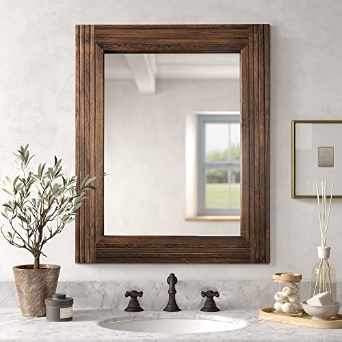 YOSHOOT Hand-Made Wooden Spliced Wall Mirror for Bathroom, Rustic Farmhouse Vanity Mirror, Décor Wall Art, Solid Wood Frame, Vertical or Horizontal Hanging - color: Spliced Brown, size: 26"L x 18"W