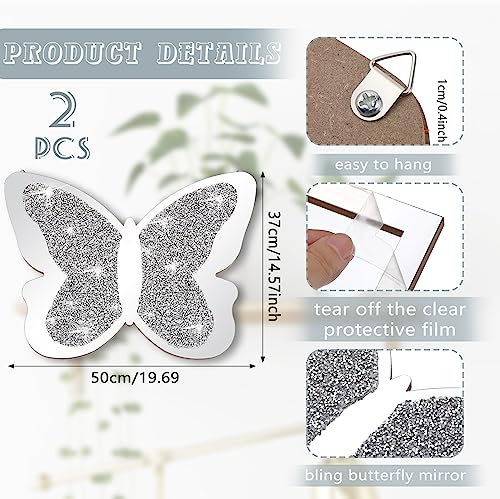 Vesici 2 Pieces Butterfly Shaped Mirror Crystal Crushed Diamond Silver Mirror Silver Wall Decor for Living Room Modern Decorative Artwork for Nursery Wedding Decor(19.69 x 14.57 Inch) - size: 20 x 12.6 Inch