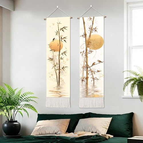 seewan 2 Pack Long Vertical Wall Tapestry, Boho Nature Landscape & Floral Aesthetic Wall Hanging for Bedroom Living Room Home Decor, Long Narrow Art Tapestry with Sunrise Mountain Botanical Designs, 13" × 51" (Bamboo Rustic Motif, 13"Wx51"H, Unframed) - c