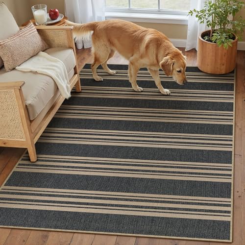 PureCozy Striped Easy Jute Rug 3x5 Black Entryway Carpet Washable Non Slip Office Door Mat Farmhouse Neutral Non Shedding Small Indoor Outdoor Rug for Bathroom Kitchen Bedroom Living Room - color: Black/Striped, size: 3' x 5' (Rectangular)