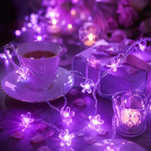 Battery/USB Operated 9.8ft 30LED Purple Cherry Blossom Flower String Lights | Cute Fairy Lights For Bedroom, Valentine'S Day, Christmas, Easter, Wedding, Party, Birthday Indoor Outdoor Romantic Decor - color: 10ft Purple Flower Lights