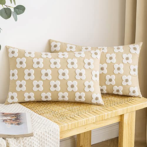 EMEMA Decorative Throw Pillow Covers Daisy Sun Flower Jacquard Pillowcase Cushion Case Rectangle for Couch Sofa Bed Living Room Bedroom Set of 2, 12x20 Inch, Khaki - color: A-khaki, size: 20" x 12" (Pack of 2)