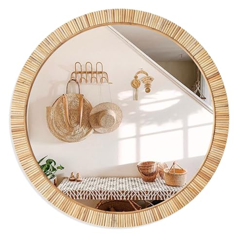 Decorative Rattan Wall Mirror, Boho Bathroom Modern Makeup Mirror, Rustic Wall Bohemia Mirrors for Bedroom, Living Room, Vanity Versatile Farmhouse, Nursery, Bathroom, 24"x24", Round - color: Round, size: 24"L x 24"W
