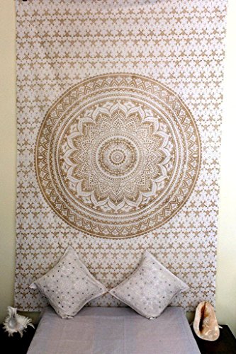 THE ART BOX Gold Mandala Tapestry – Boho Wall Hanging for Bedroom Aesthetic, Indie Hippie Room Decor – White & Gold Trippy Mandala Wall Art – 55x82 Inches - color: Gold and White, size: 55"L x 82"W