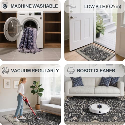 2x3 Washable Entry Rug, Non Slip Stain Resistant Lightweight Low Pile Indoor Door Mat, Vintage Area Rug for Bedroom Bathroom Kitchen Playroom Home Decor (Charcoal Blush Ivory) - color: Charcoal Blush Ivory, size: 2' x 3' (Rectangular)