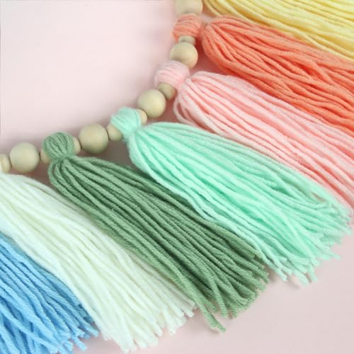 GIAUMA Boho Yarn Tassel Garland with Wood Beads Pastel Wall Hanging Tassels Bunting Banner for Spring Easter Classroom Nursery Baby Shower Birthday Party Kids Room Dorm Bedroom Decor - color: Pastel Rainbow