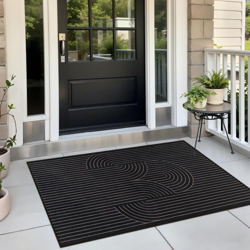 Tangsoo Black Geometric Easy Jute Rug, 2x3 Washable Ultra Thin Foldable Rug for Entryway, Non-Slip Rainbow Outdoor Mat Throw Carpet for Kitchen Bedroom Front Porch Doorway Entrance - color: Black Semicircle, size: 2x3ft