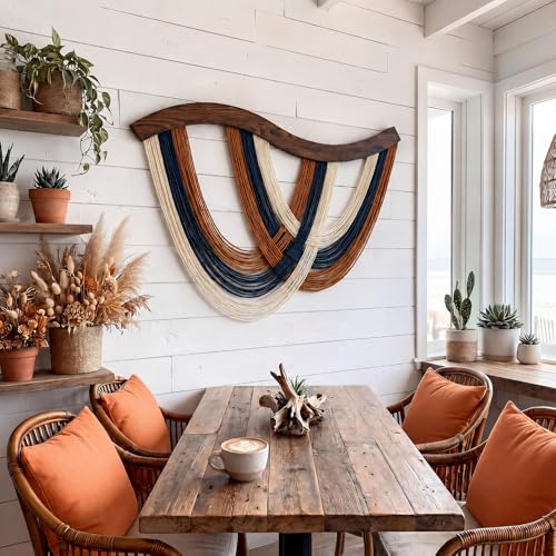 Mindsoft Terracotta Navy White Macrame Wall Hanging Dip Dyed Yarn Wall Art, Boho Decor Handmade Cotton Rope Tapestry for Bedroom, Living Room, Nursery, 31.5 x 23.6 Inch - color: Modern Bohemian