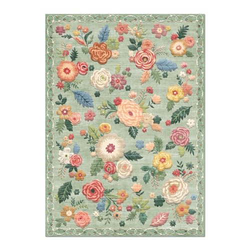 2x3 Washable Small Rugs for Entryway: Area Rug Non Slip Door Mat Indoor Entrance Low Pile Soft Faux Wool Non Shedding Lightweight Distressed Throw Rugs for Front Door Bedroom Bathroom Kitchen Entry - color: Green Floral, size: 2' x 3' (Rectangular)