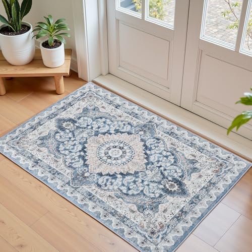 Macgace 2x3 Small Area Rug for Entryway, Soft Washable Rugs with Non-Slip Backing for Bedroom Kitchen, Vintage Throw Carpet Laundry Entry Door Decor, Blue & Beige - color: Blue & Beige, size: 2' x 3' (Rectangular)