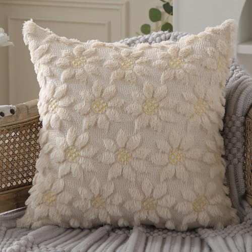 DFXSZ Spring Summer Pillow Covers 18x18 inch Set of 2 Farmhouse Decor Yellow Flower Heart Sunflower Beige Soft Plush Faux Fur Jacquard Throw Pillows for Sofa Holiday Spring Home Decor PTK024E18 - color: Beige, size: 18" x 18" (Pack of 2)