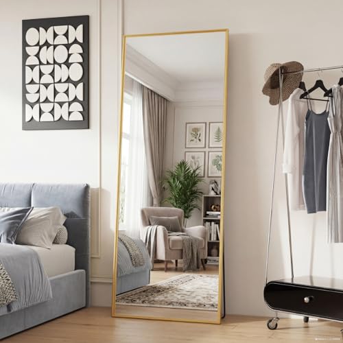 DUMOS Full Length Mirror with Stand 24"x65" Floor Standing Aluminum Frame for Bedroom Body Hanging Leaning Modern Simple Home Decor Shatter-proorf Nano Glass Wall Living Room Cloakroom, Gold - color: Gold-rect Edge, size: 65"L x 24"W
