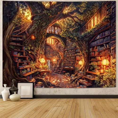 Accnicc Forest Library Tapestry Tree Bookshelf Tapestries Wall Hanging Vintage Fantasy Fairy Treehouse Book Extra Large Tapestry for Bedroom Living Room Dorm Classroom 90 x 68 inch - color: Brown Gold, size: 90"L x 68"W