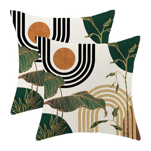 Boho Pillow Covers 18x18 Set of Mid Century Green Black Beige Tropical Leaf Aesthetic Throw Pillow Covers Outdoor Decor,Abstract Modern Bohemian Farmhouse Decorative Cushion Cover for Home Sofa - color: Mid Century-tropical Leaf, size: 18" x 18" (Pack of