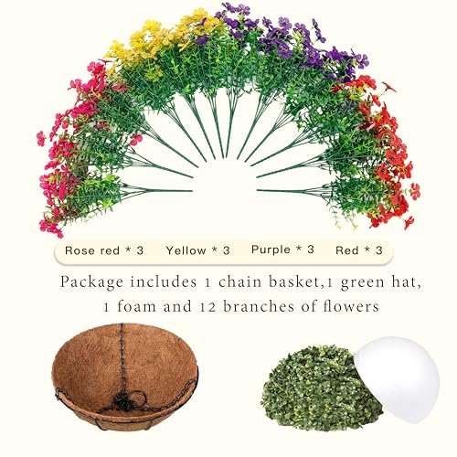Senjie 12 Bundles Artificial Hanging Flowers with Basket for Outdoor Decor, UV Resistant Faux Flowers Fake Hanging Planter for Porch Patio Balcony - color: Mix 4 Color