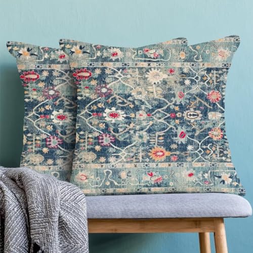 AEIOAE Boho Pillow Covers 18x18 Set of 2 Blue Vintage Retro Decorative Throw Pillow Outdoor Linen Square Farmhouse Decor Cushion Cover for Home Couch Sofa - color: Blue Boho, size: 18" x 18" (Pack of 1)