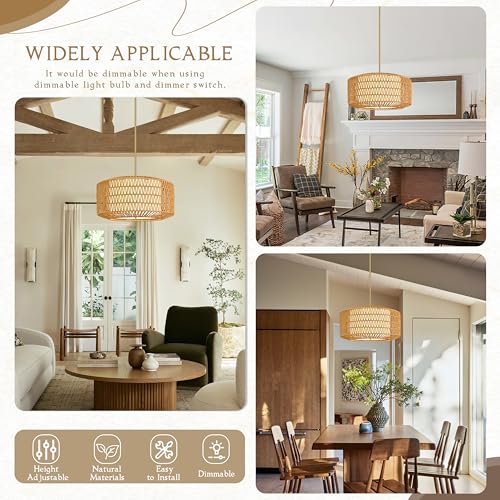 23 inch Natural 5 Light Rattan Light Fixture Woven Pendant Lights Rattan Farmhouse Chandeliers Fabric Shade Boho Chandelier for Dinning Room Kitchen - color: 23"-Natural-Prism