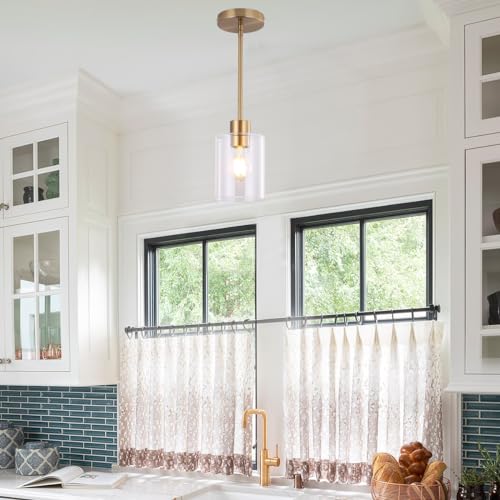 Brass Pendant Lights Kitchen Island,Modern Farmhouse Clear Glass Pendant Light,Gold Light Fixture Kitchen Pendant Mini Hanging Light Fixture for Sink (Brass 2 Pack stem Rod) - color: brass 2 pack stem rod