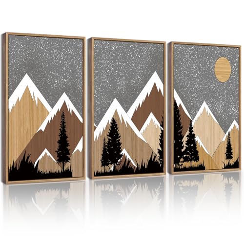 KUVIOKE Morden Mountains Framed Wall Art Boho Pine Tree Forest Nature Landscape Artwork Painting Bohemain Farmhouse Rustic Home Decor 12x16in (Natural Framed) - color: Wooden Mountain Night, size: 12 x 16in x 3 Panels Natural