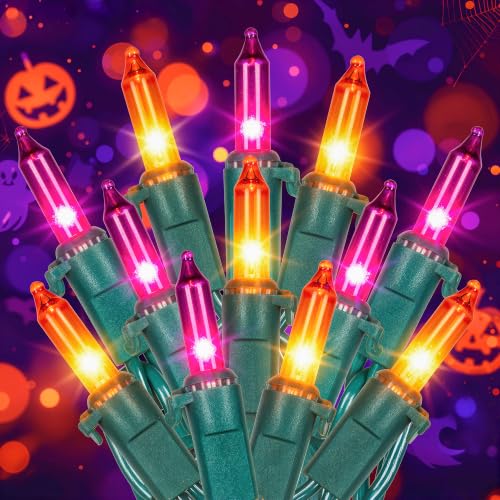 Hopolon Purple and Orange Halloween Lights, 2 Pack 50 Count Incandescent Mini String Light Plug in, 13 FT Green Wire Christmas Lights for Indoor Outdoor Halloween Thanksgiving Decor, Purple Orange - color: Purple and Orange,Green Wire, size: 2PACK, 50 cou